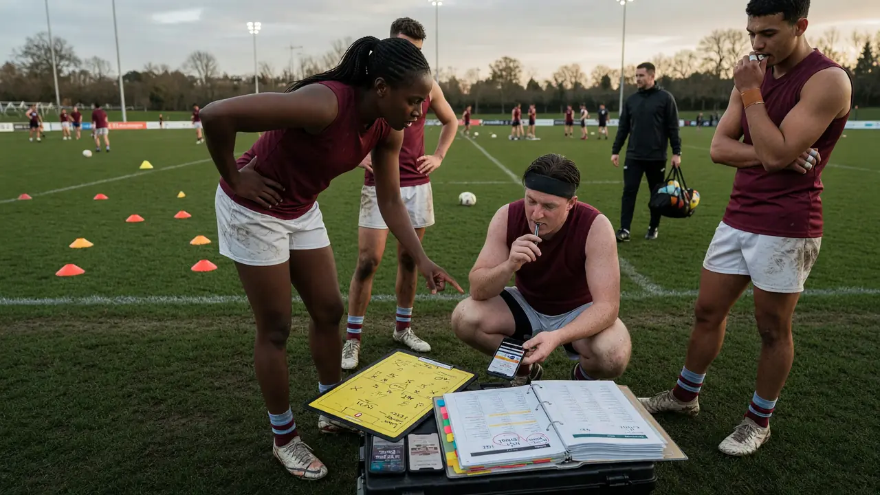 Fielders in a tight ring discussing placements on the outfield during a tactical break