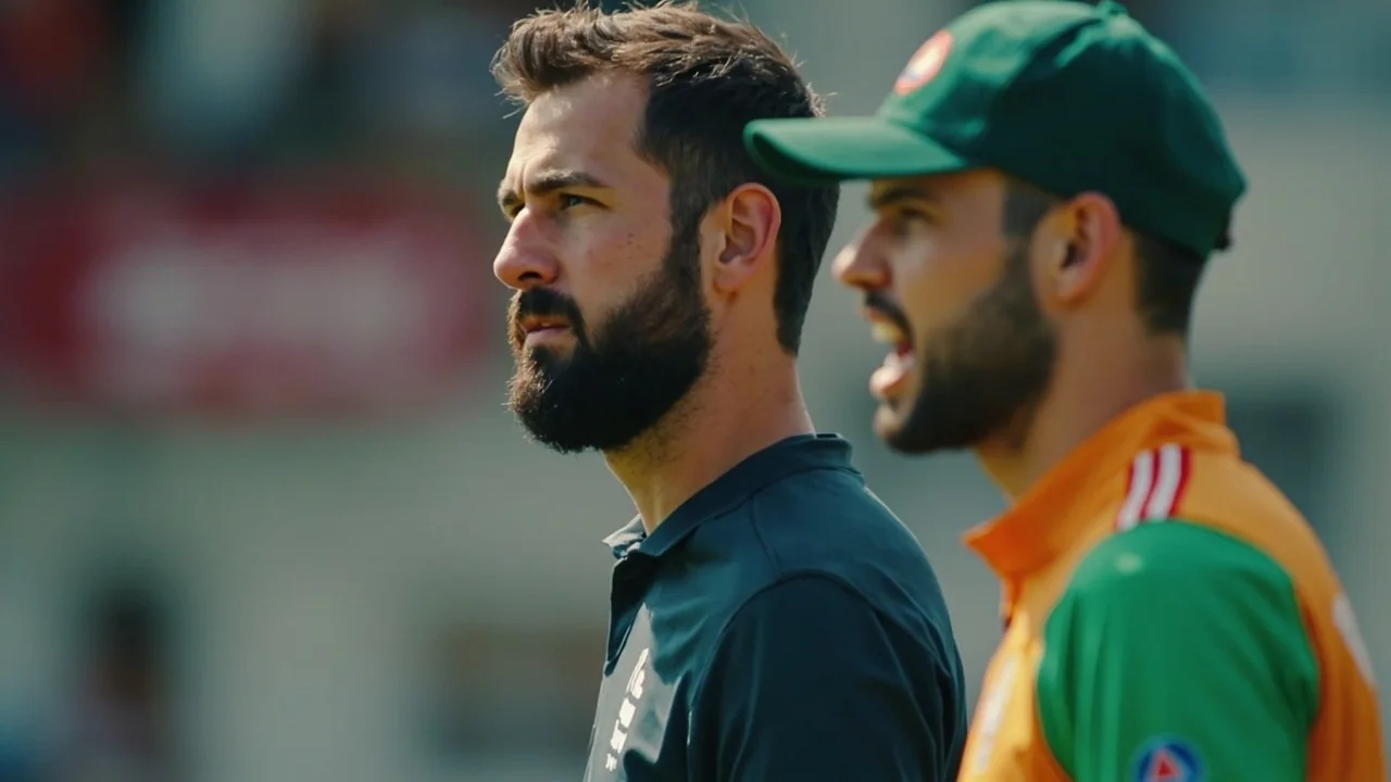 Cricket captains meeting at the toss before an evening match